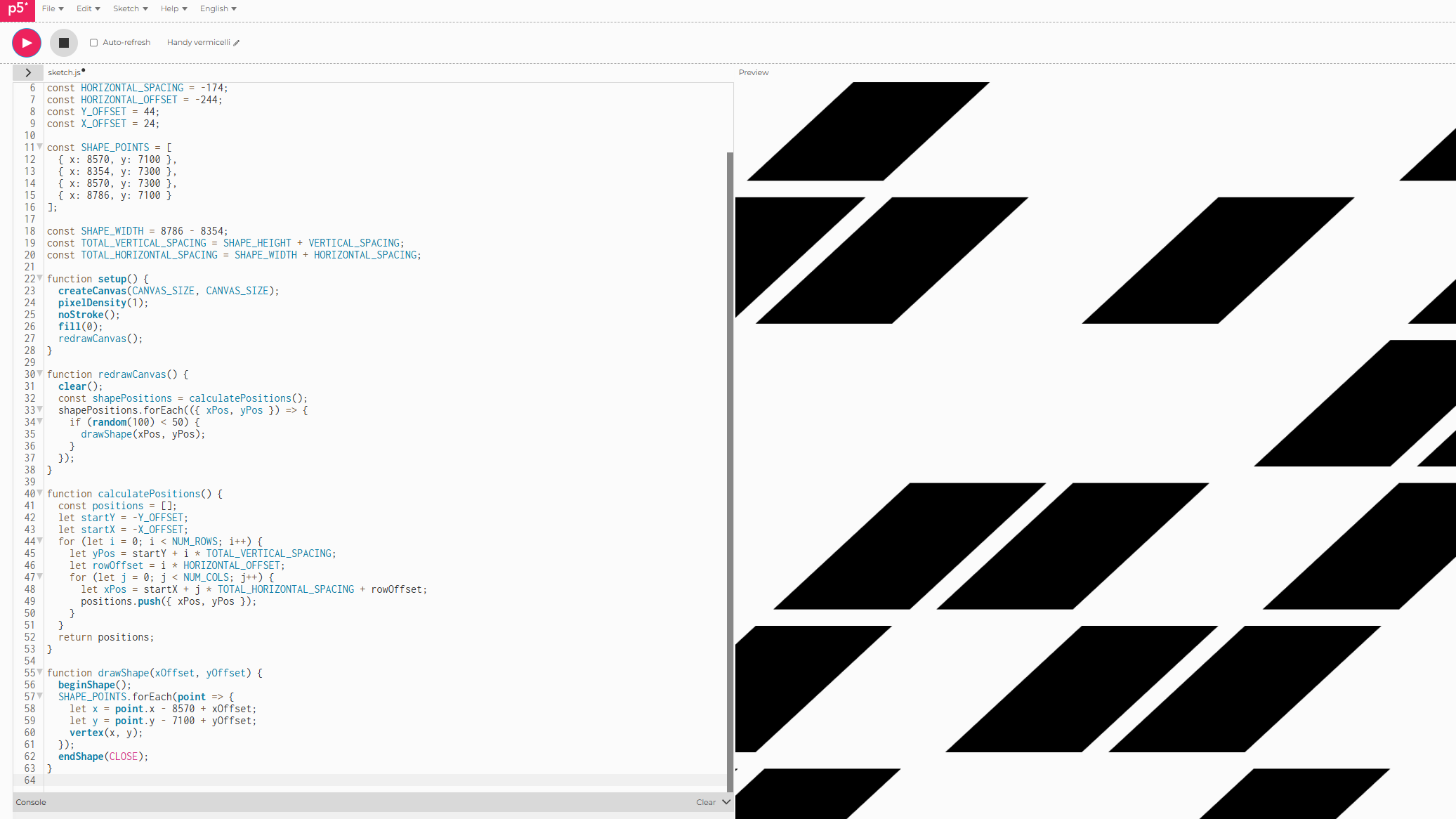 p5.js code generating parallelogram grid pattern