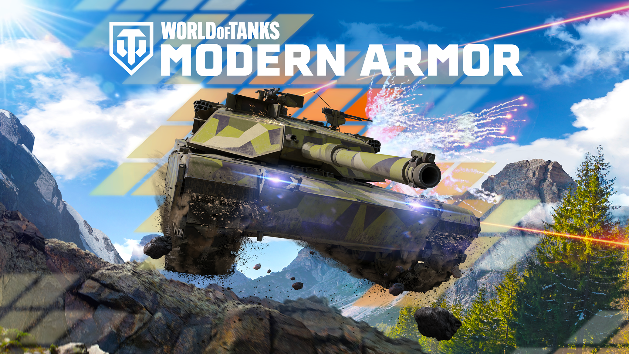 World of Tanks Modern Armor Key Art featuring tank with procedural grid pattern